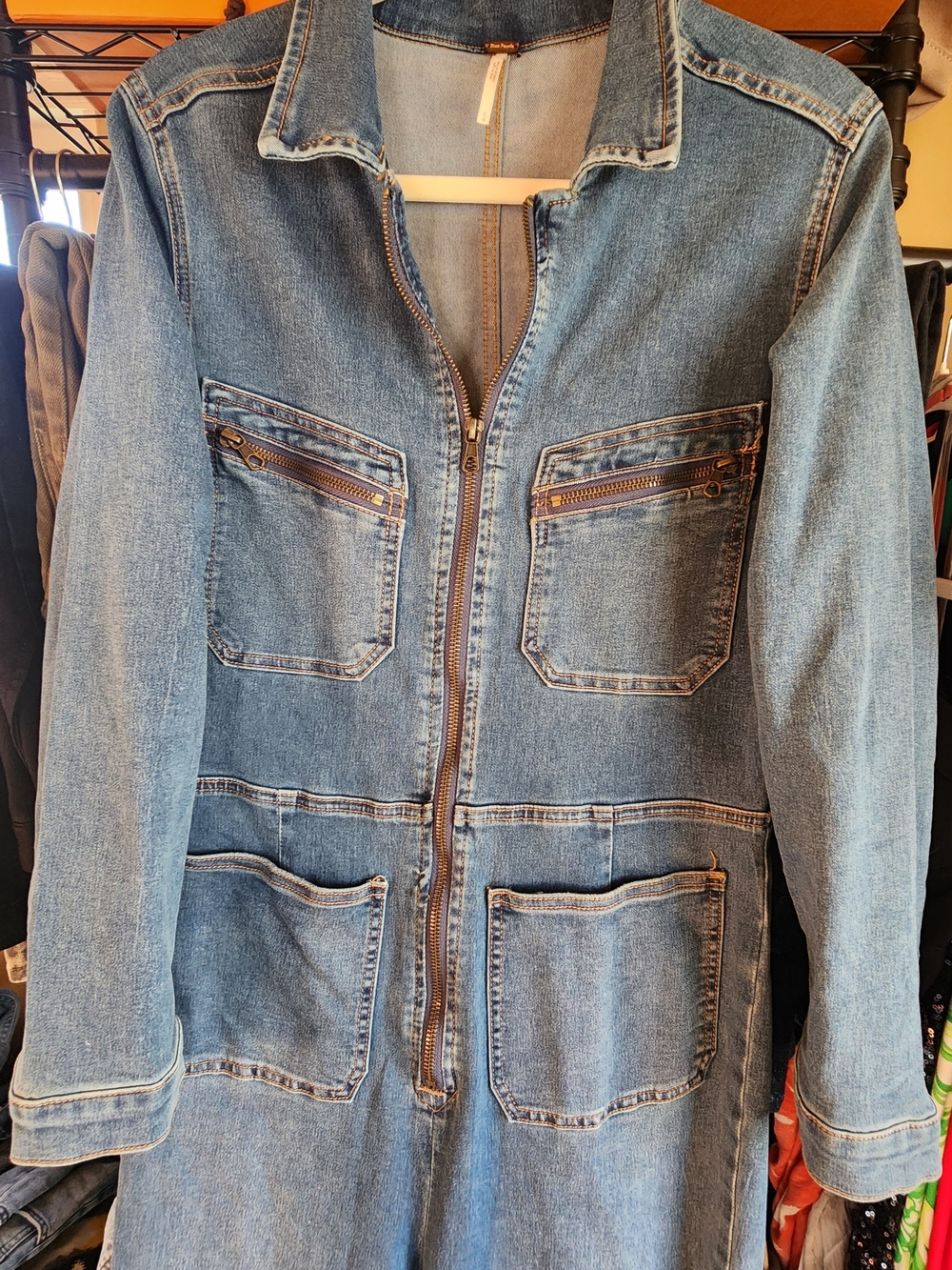 Free People Women's Denim Zip-Front Jumpsuit - Blue - Picture 3 of 10